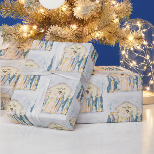Gold and blue nativity holiday  wrapping paper