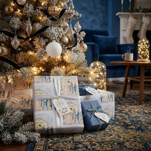 Gold and blue nativity holiday wrapping paper