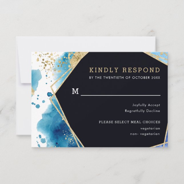 Gold and Blue Ocean Wedding Meal Option RSVP Card (Front)