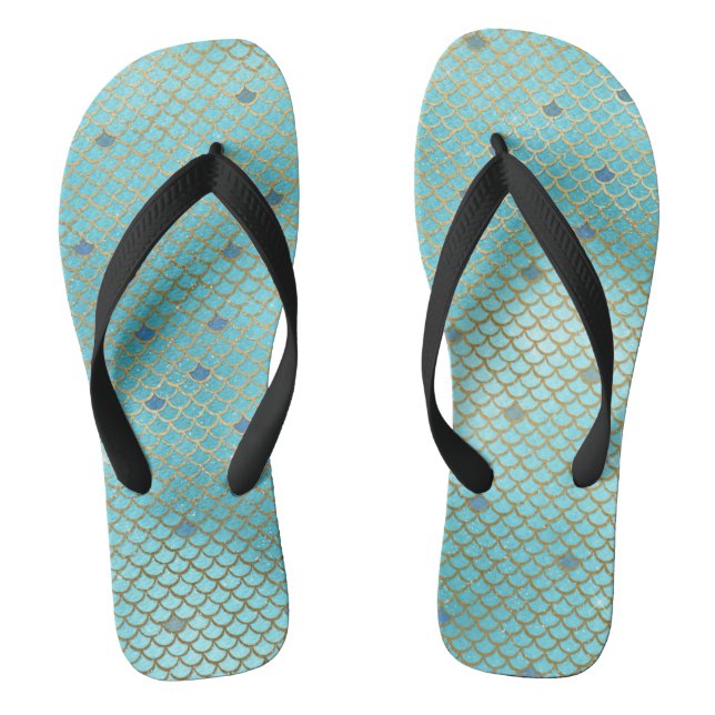 Gold and Blue Ombre Mermaid Scales Flip Flops (Footbed)