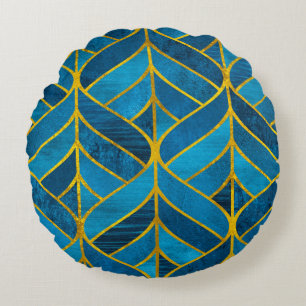 Gold and blue pattern on grunge background, seamle round pillow
