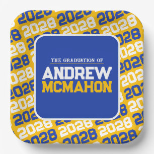 Gold and Blue Personalized Graduation Square Paper Plate