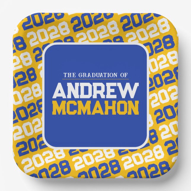 Gold and Blue Personalized Graduation Square Paper Plate (Front)