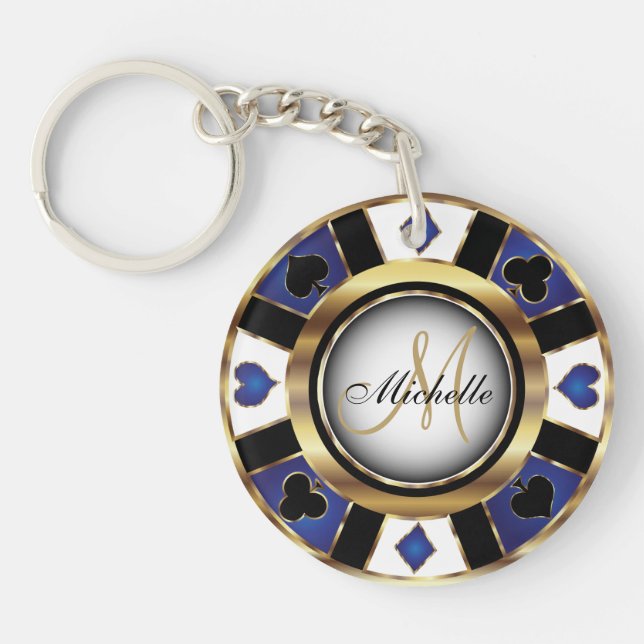 Gold and Blue Poker Chip Design - Monogram Keychain (Front)
