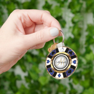 Gold and Blue Poker Chip Design - Monogram  Keychain
