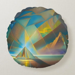 gold and blue pyramid abstract art round pillow