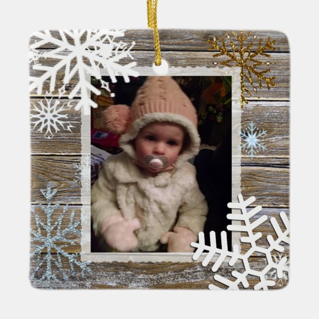 Gold and Blue Snowflakes Holidays Photo Ornament (Front)
