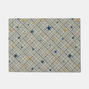 Gold and blue stars on a grey chequered background doormat