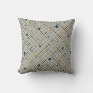 Gold and blue stars on a grey chequered background throw pillow