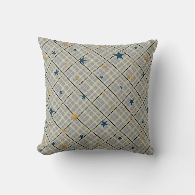 Gold and blue stars on a grey chequered background throw pillow (Front)
