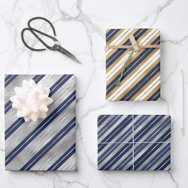 Gold And Blue Stripes  Wrapping Paper Sheet (Front)