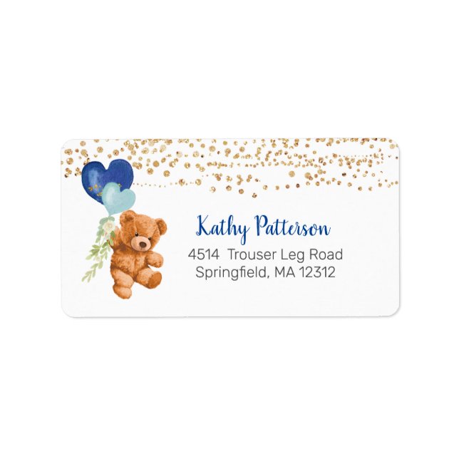 Gold and Blue Teddy Bear Return Address Label (Front)