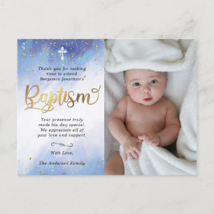 Gold and Blue Watercolor Baptism Photo Thank You Postcard