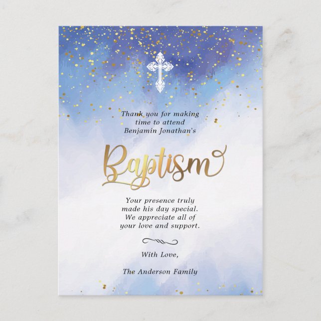 Gold and Blue Watercolor Baptism Thank You Postcard (Front)
