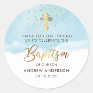 Gold And Blue Watercolor Boy Baptism Thank You Classic Round Sticker