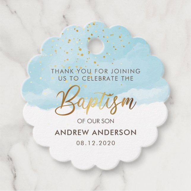 Gold And Blue Watercolor Boy Baptism Thank You Favour Tags (Front)