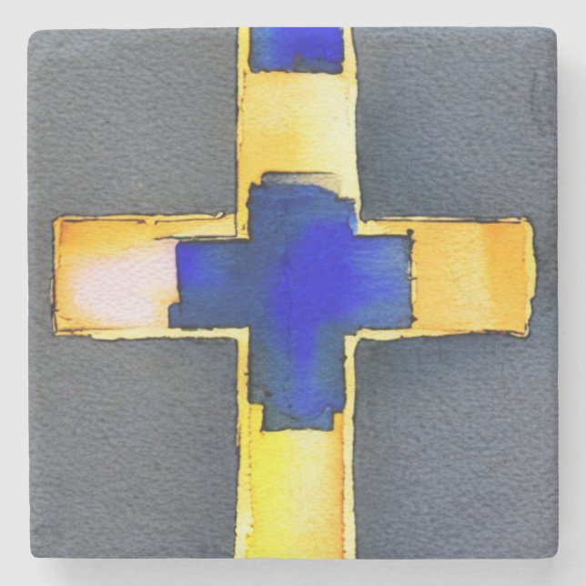 Gold and Blue Watercolor Cross Marble Coaster (Front)