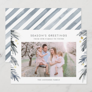 Gold and Blue Watercolor Winter Foliage Holiday Ca Card