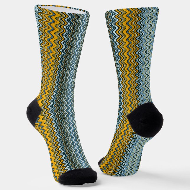 Gold and Blue Wavy Stripes Socks (Angled)