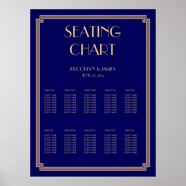 Gold And Blue Wedding Seating Chart Poster 18x24 (Front)