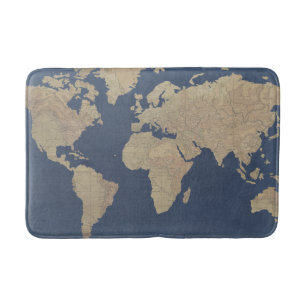Gold and Blue World Map Bath Mat
