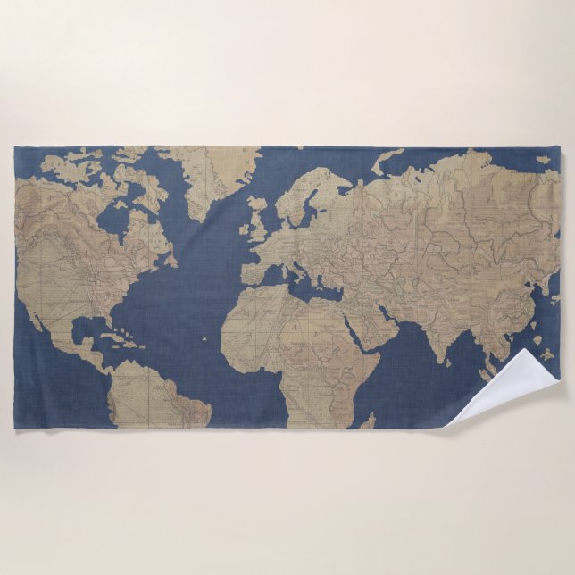 Gold and Blue World Map Beach Towel (Front)