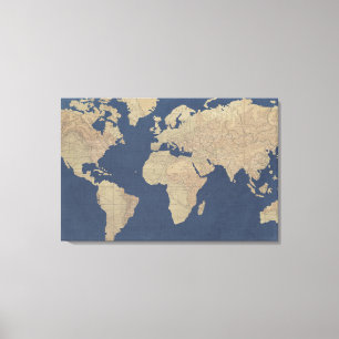 Gold and Blue World Map Canvas Print