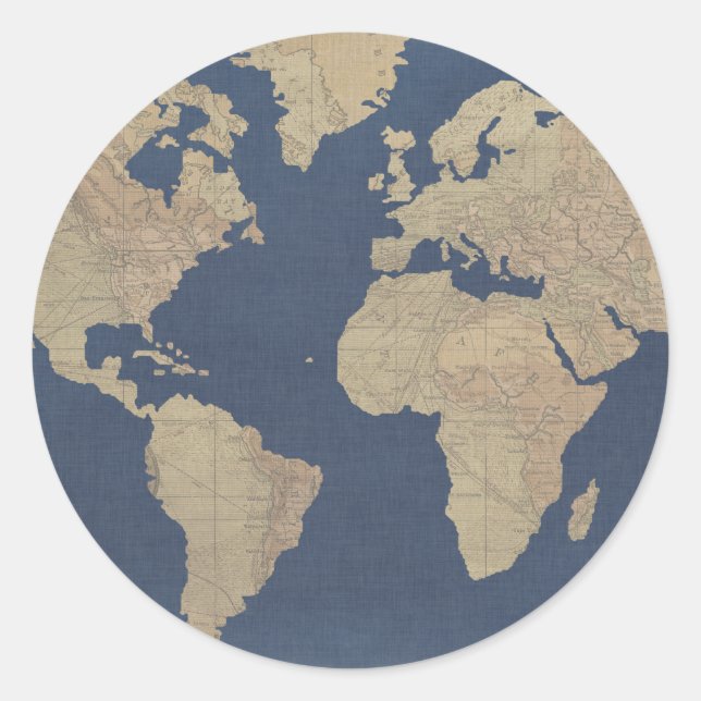 Gold and Blue World Map Classic Round Sticker (Front)