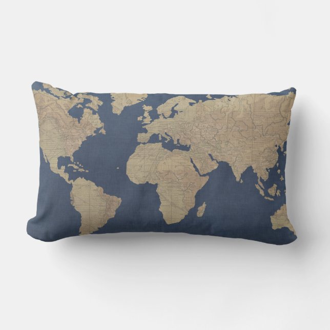 Gold and Blue World Map Lumbar Pillow (Front)