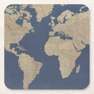 Gold and Blue World Map Square Paper Coaster