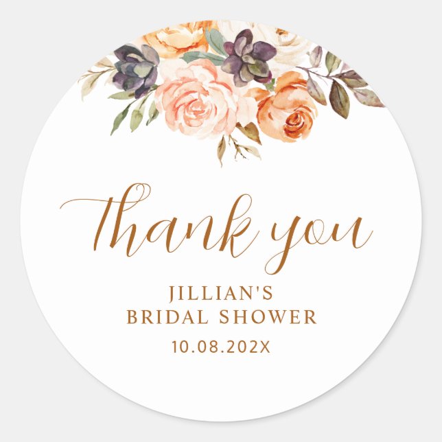 gold and blush fall floral bridal shower classic round sticker (Front)