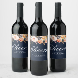 gold and blush floral navy blue wedding wine label