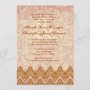 Gold and Blush Lace and Grunge Damask Wedding V01 Invitation