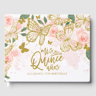 Gold And Blush Pink Butterfly Floral Quinceanera Guest Book