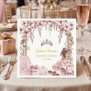 Gold and Blush Pink Tiara Floral Quinceañera Napkin