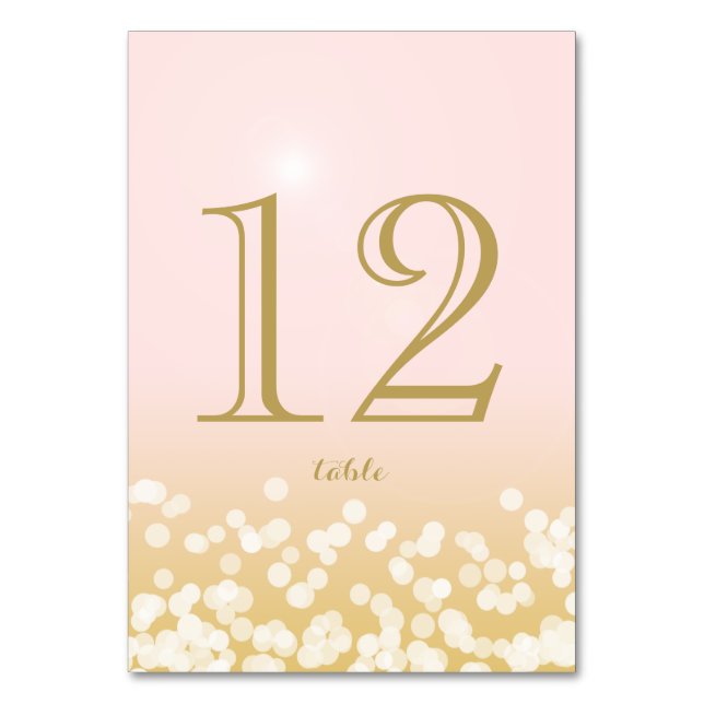 Gold and Blush Sparkle Lights Table Number (Front)