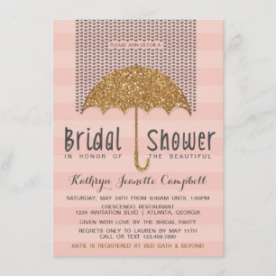 Gold and Blush Umbrella & Hearts Bridal Shower Invitation