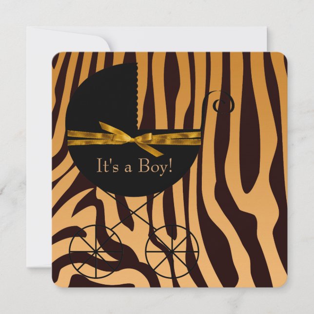 Gold and Brown Carriage Boy Zebra Baby Shower Invitation (Front)