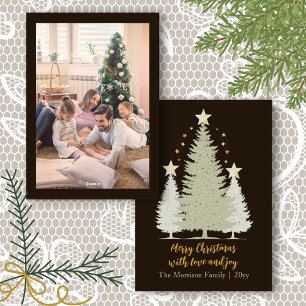 Gold and Brown Christmas Tree and Stars Photo Holiday Card
