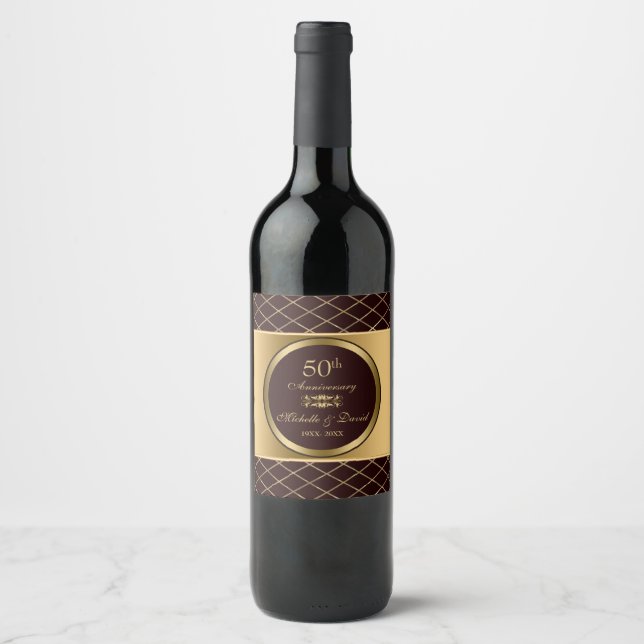 Gold And Brown Geometric Shapes- 50th Anniversary Wine Label (Front)