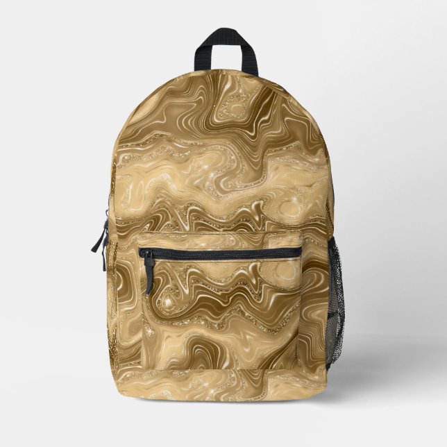 Gold And Brown Marble  Printed Backpack (Front)