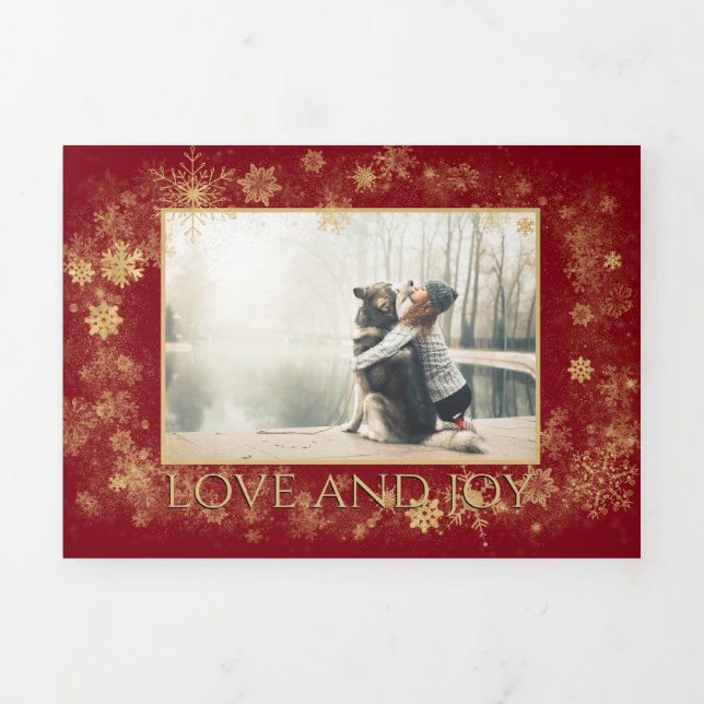 Gold and Burgundy 5-Photo Holiday Tri-Fold Holiday Card (Cover)