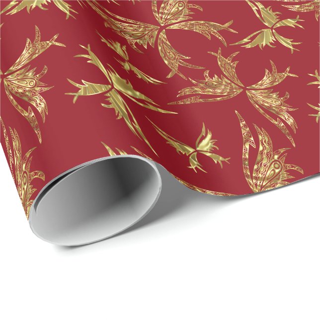 Gold And Burgundy Abstract Butterflies Wrapping Paper (Roll Corner)