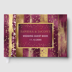 Gold and burgundy brush strokes, confetti wedding guest book