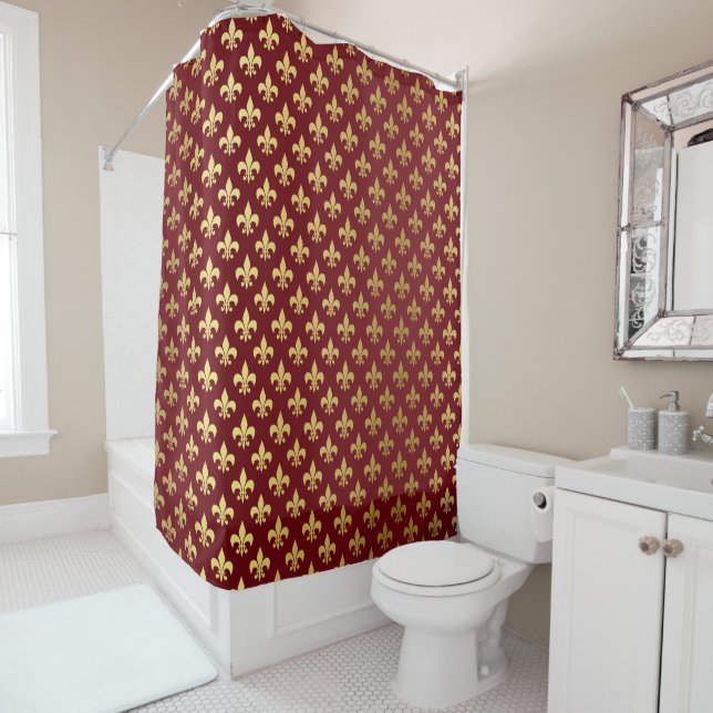Gold and Burgundy Damask Shower Curtain (In Situ)