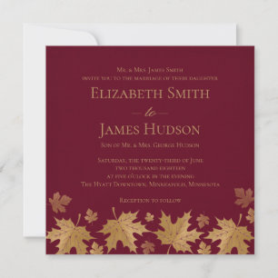 Gold and Burgundy Fall Leaves Wedding Invitation