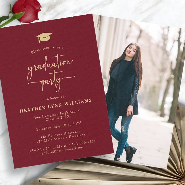 Gold and Burgundy Graduation Invitation (Gold Burgundy Photo Graduation Party Invitation by Painted Paperie
)