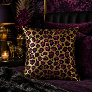 Gold and Burgundy Leopard Print Animal Pattern Throw Pillow