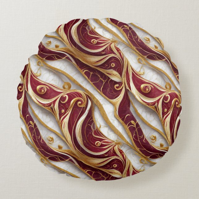 Gold and Burgundy Marble Flow Round Pillow (Front)