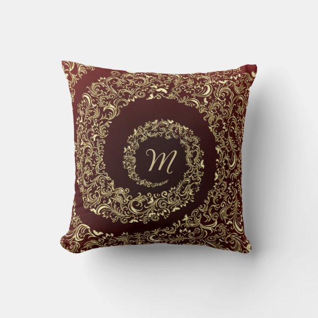 Gold and Burgundy Monogram Decorative Throw Pillow (Front)